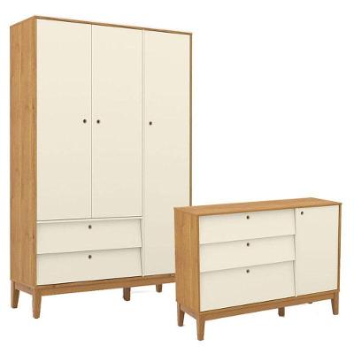 Cômoda Sapateira e Guarda Roupa Unique 3 Portas 2 Gavetas MDF Infantil Freijó Off White Eco Wood