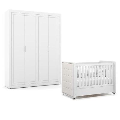 Berço Americano Com Capitonê New Boucle E Guarda Roupa Tutto New 4 Portas Branco Acetinado - Matic