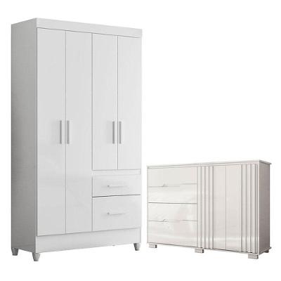 Guarda Roupa Solteiro e Cômoda Madri Flex Texas 4 Portas 2 Gavetas MDP Branco Flex Brilho