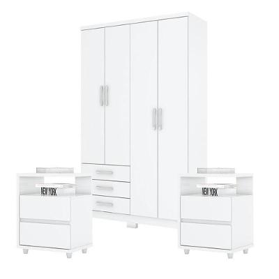 Guarda Roupa Solteiro Caju 4 Portas Com Kit Mesa De Cabeceira Campeche Branco - Henn