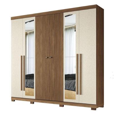 Guarda Roupa Casal Ripado 6 Portas Buriti Com Espelho E Pés Jatobá Areia Acetinado - Santos Andirá