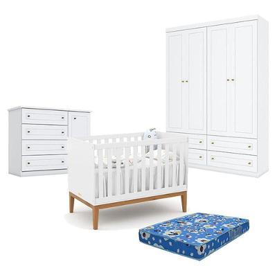 Quarto De Bebê Americano 4 Portas Com Berço Americano Unique Branco Soft Eco Wood - Matic - Henn E Colchão Ortobom