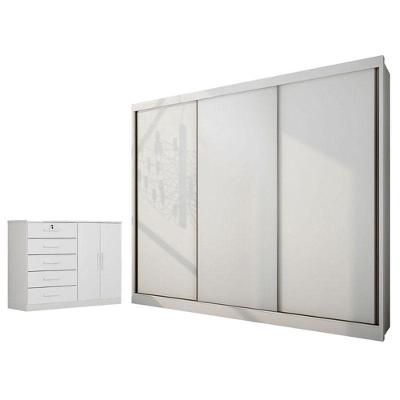 Guarda Roupa Casal e Cômoda Sapateira Medelim Seul 3 Portas Giratórias 6 Gavetas MDF Neve