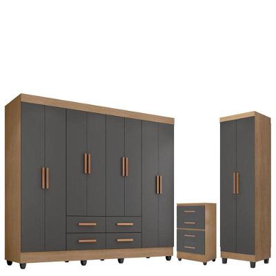 Guarda Roupa Casal Porto Com Cômoda Lite 4 Gavetas E Armário Multiuso Lite Nature Cinza Móveis Leão