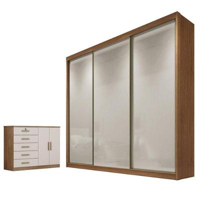 Guarda Roupa Casal e Cômoda Medelim Seul 3 Portas 6 Gavetas MDF Cumaru 25 Fendi