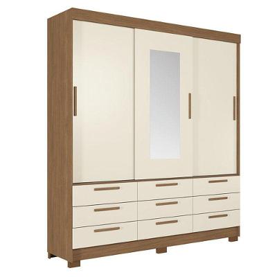 Guarda Roupa Casal 3 Portas De Correr 9 Gavetas Morretes Com Espelho Jatobá Areia - Santos Andirá
