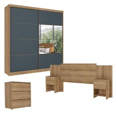 Guarda Roupa Casal Malaga Glass 2 Portas Capuccino Azul Com Cômoda Gaveteiro Condessa E Cabeceira Formosa Capuccino- Thb