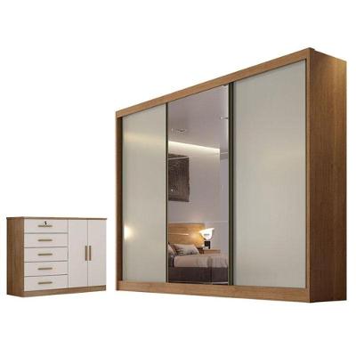 Guarda Roupa Casal Duna Com Espelho E Cômoda Seul Cumaru 25 Fendi - Novo Horizonte