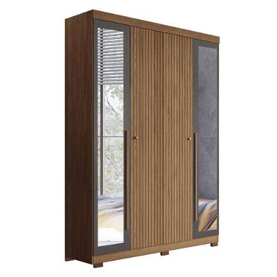 Guarda Roupa Casal Ripado 4 Portas Buriti Com Espelho E Pés Jatobá Grafite Acetinado - Santos Andirá