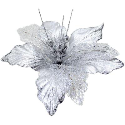 Kit 12 Flores Artificiais Decoração Natal Prata Glitter 30cm