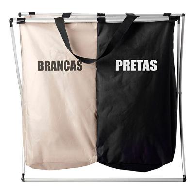 Cesto De Roupas Duplo 128l Com 2 Compartimentos Estrutura Em Alumínio Branco E Preto - Organizador Armazenamento