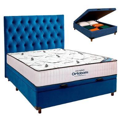 Cama Box Bau Azul Com Colchão Casal High Foam Ortobom+cabeceira