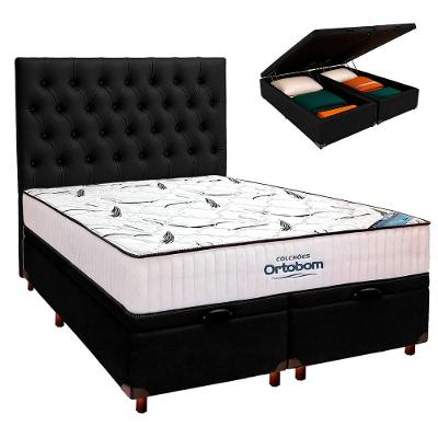 Cama Box Bau Bipartido Preto Com Colchão Casal High Foam Ortobom+cabeceira