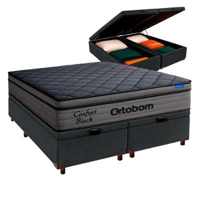 Cama Box Bau Cinza+colchão King Confort Black Espuma Ortobom
