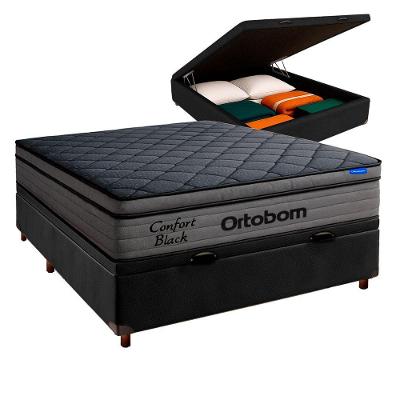 Cama Box Bau Preto+colchão Casal Confort Black Ortobom