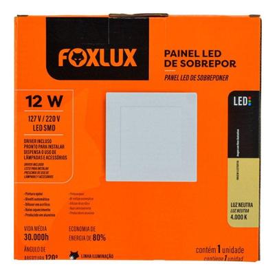 Painel De Led Foxlux 4000k Bivolt 12w Quadrado Sobrepor