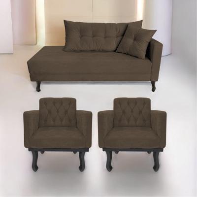 Kit Diva Recamier Azura 140cm Lado Direito e 02 Poltronas Classic Suede Marrom
