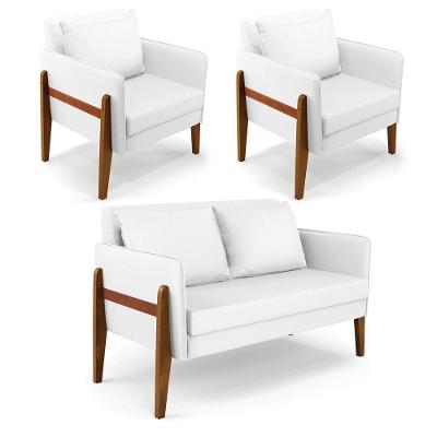 Kit 1 Sofá Namoradeira E 2 Poltronas Lana ino Branco Base De Madeira - D'Rossi