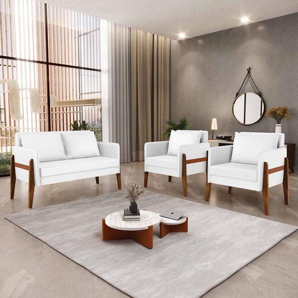 Kit 1 Sofá Namoradeira E 2 Poltronas Lana ino Base De Madeira - D'Rossi Branco - 4