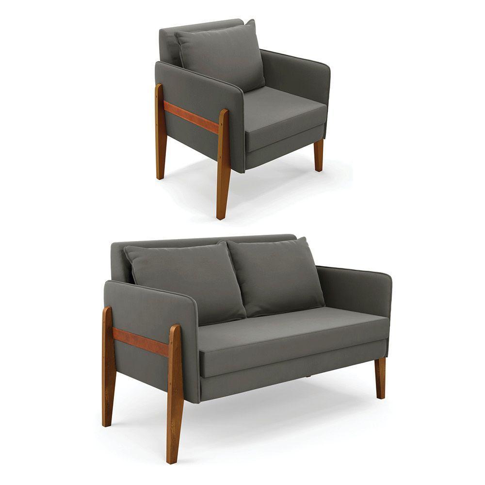 Kit 1 Sofá Namoradeira E 1 Poltrona Lana Suede Grafite Base De Madeira - D'rossi - 1