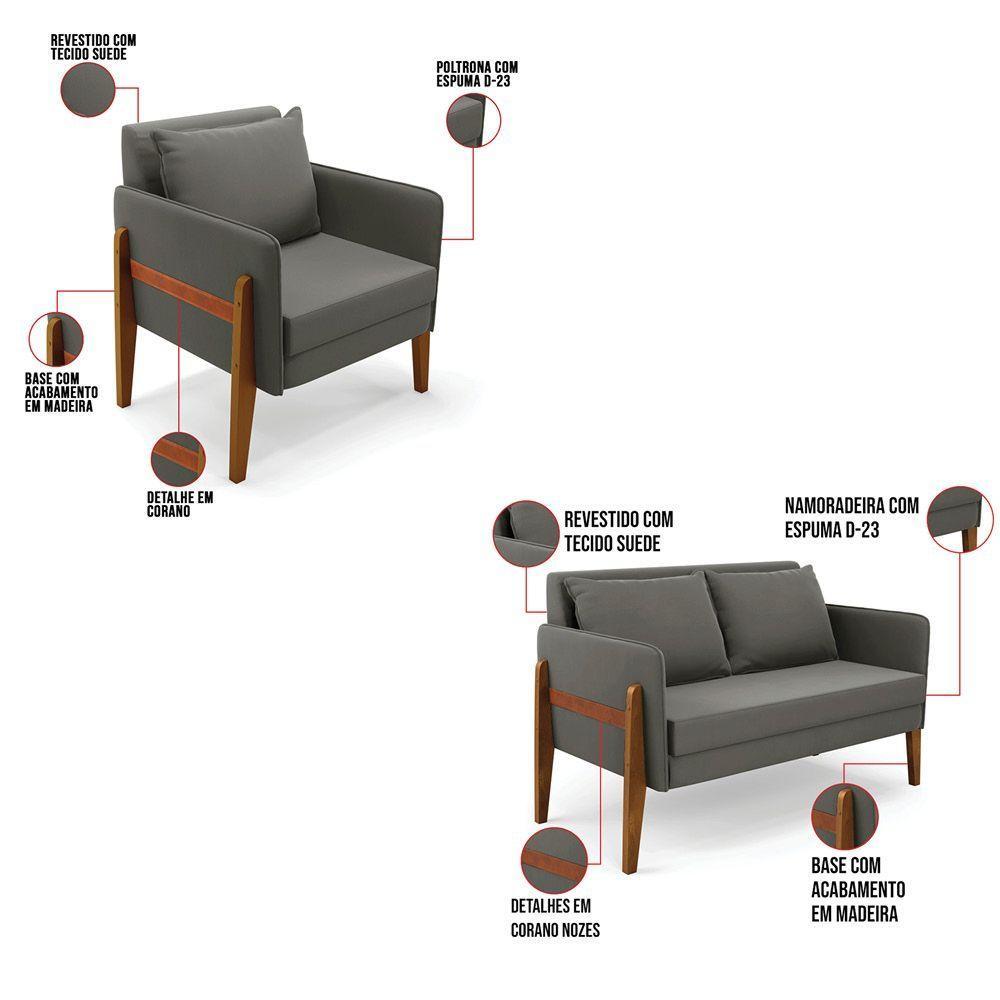 Kit 1 Sofá Namoradeira E 1 Poltrona Lana Suede Grafite Base De Madeira - D'rossi - 5