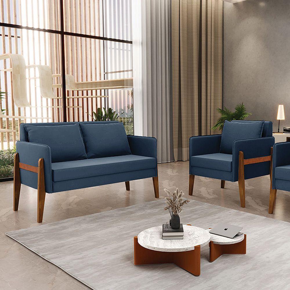 Kit 1 Sofá Namoradeira E 1 Poltrona Lana Suede Azul Marinho Base De Madeira - D'rossi - 8