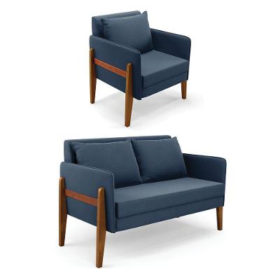 Kit 1 Sofá Namoradeira E 1 Poltrona Lana Suede Azul Marinho Base De Madeira - D'rossi