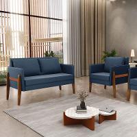 Kit 1 Sofá Namoradeira E 1 Poltrona Lana Suede Azul Marinho Base De Madeira - D'rossi - 15