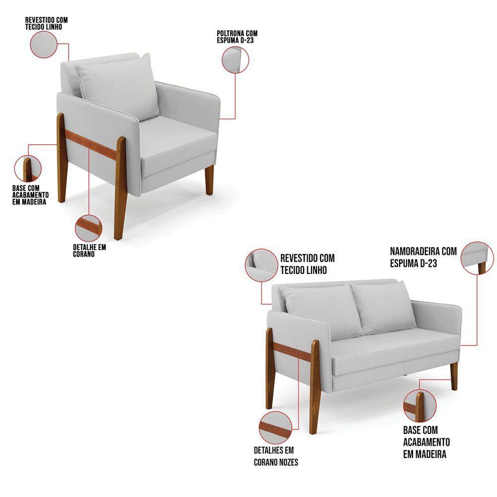 Kit 1 Sofá Namoradeira E 1 Poltrona Lana Linho Base De Madeira - D'rossi  A05 Cinza - 5