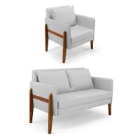 Kit 1 Sofá Namoradeira E 1 Poltrona Lana Linho Base De Madeira - D'rossi  A05 Cinza - 1