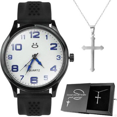 Relogio Masculino Preto Aco + Cordao Crucifixo Original