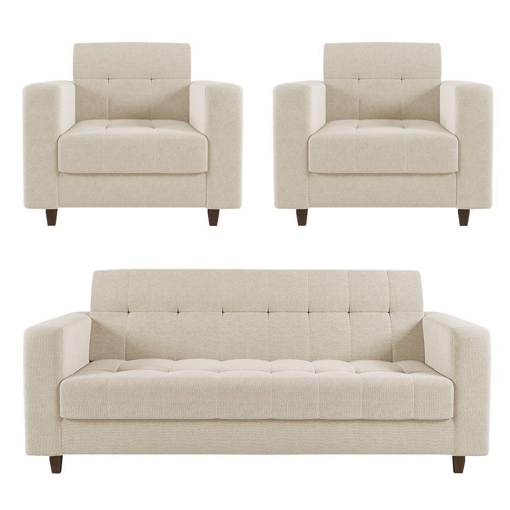 Kit 01 Sofá 3 Lugares E 02 Poltronas Arezzo Linho Pés Chanfrado Tabaco - D'rossi  A19 Bege - 1