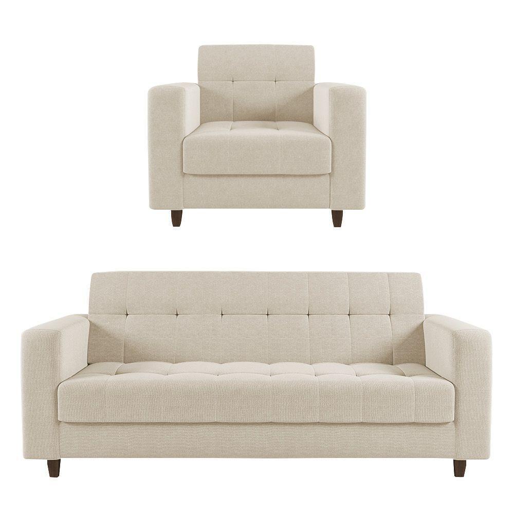 Kit 01 Sofá 03 Lugares E 01 Poltrona Arezzo Linho Pés Chanfrado Tabaco - D'rossi  A19 Bege - 1