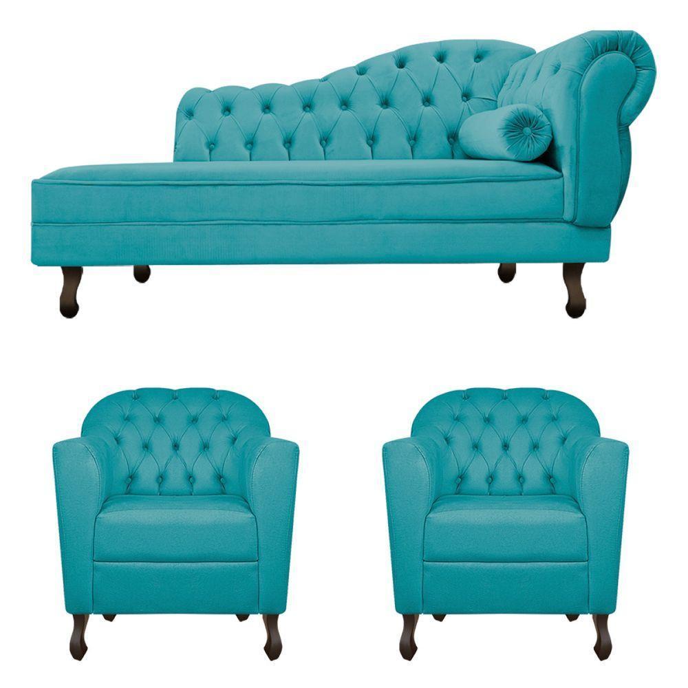 Kit Diva Recamier Diana 140cm Lado Esquerdo e 02 Poltronas Julia Suede Azul Turquesa - 1