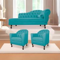 Kit Diva Recamier Diana 140cm Lado Esquerdo e 02 Poltronas Julia Suede Azul Turquesa - 2