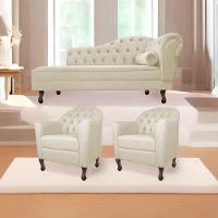 Kit Diva Recamier Diana 140cm Lado Esquerdo e 02 Poltronas Julia Linho Bege