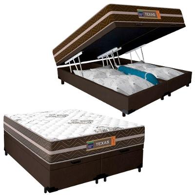 Cama Box Baú Casal Bipartido Suede + Colchão Molas Ensacadas Texas Prime Colchões 138cm - Suporta Até 120kg Por Pessoa