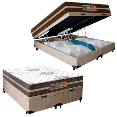 Cama Box Baú Casal Bipartido Suede + Colchão Molas Ensacadas Texas Prime Colchões 138x188x67cm Bege