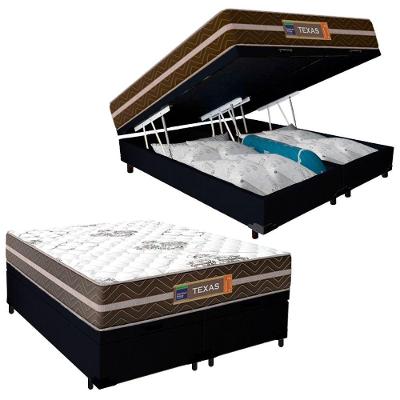Cama Box Baú Casal Bipartido Suede + Colchão Molas Ensacadas Texas Prime Colchões 138x188x67cm Preto