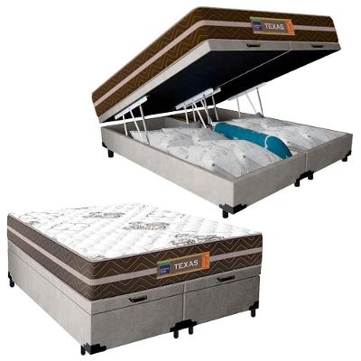 Cama Box Baú Casal Bipartido Suede + Colchão Molas Ensacadas Texas Prime Colchões 138cm - Suporta Até 120kg Por Pessoa