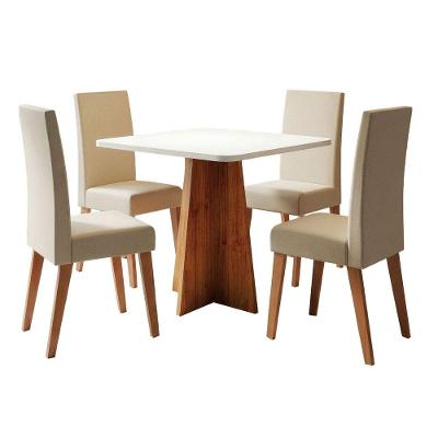 Conjunto Sala De Jantar Mesa Quadrada 0,90m Moove 4 Cadeiras Linho Milano Viero Madeirado / Creme