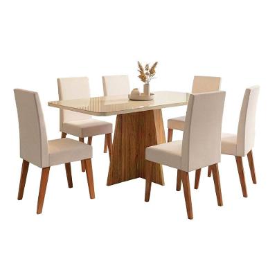 Conjunto Sala De Jantar Mesa 1,60m Com Vidro Anjos 6 Cadeiras Veludo Milano Viero Madeirado / Marfim
