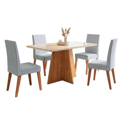 Conjunto Sala De Jantar Mesa 1,20m Com Vidro Anjos 4 Cadeiras Linho Milano Viero Madeirado / Cinza