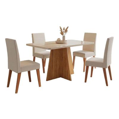 Conjunto Sala De Jantar Mesa 1,20m Com Vidro Anjos 4 Cadeiras Linho Milano Viero Madeirado / Creme