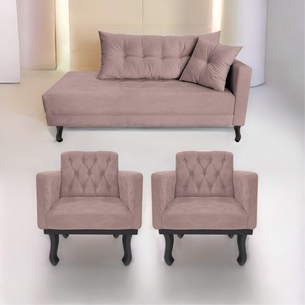 Kit Diva Recamier Azura 185cm Lado Esquerdo e 02 Poltronas Classic Linho Rosê - 1