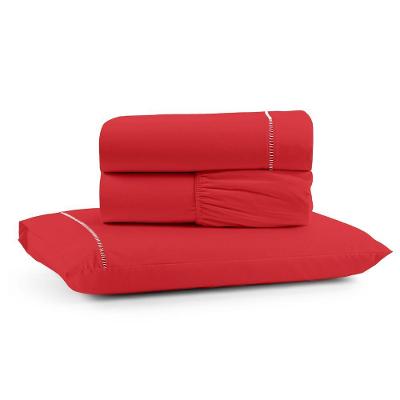 Jogo De Lençol Solteiro Premium Soft 600 Fios Micropercal Vermelho Ponto Palito Toque Macio 3 Peças