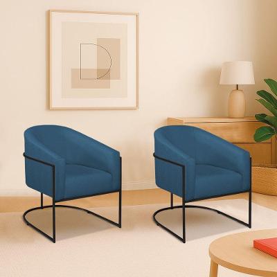 Kit 2 Poltronas Decorativa Jade Moderno Escritório Confortável Luxo Base De Ferro Preto Linho Azul Royal