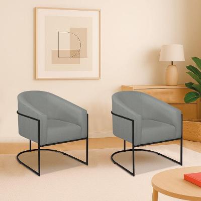 Kit 2 Poltronas Decorativa Jade Moderno Escritório Confortável Luxo Base De Ferro Preto Linho Cinza Claro