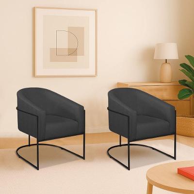 Kit 2 Poltronas Decorativa Jade Moderno Escritório Confortável Luxo Base De Ferro Preto Linho Cinza Escuro