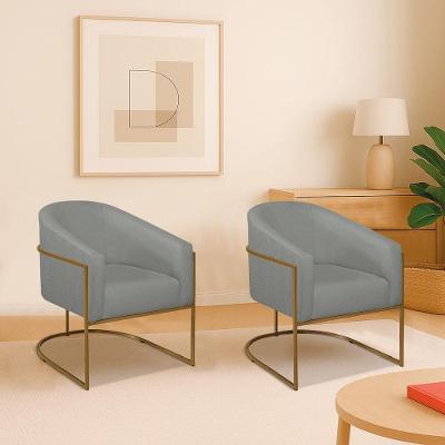 Kit 2 Poltronas Decorativa Jade Moderno Escritório Confortável Luxo Base De Ferro Dourado Linho Cinza Claro